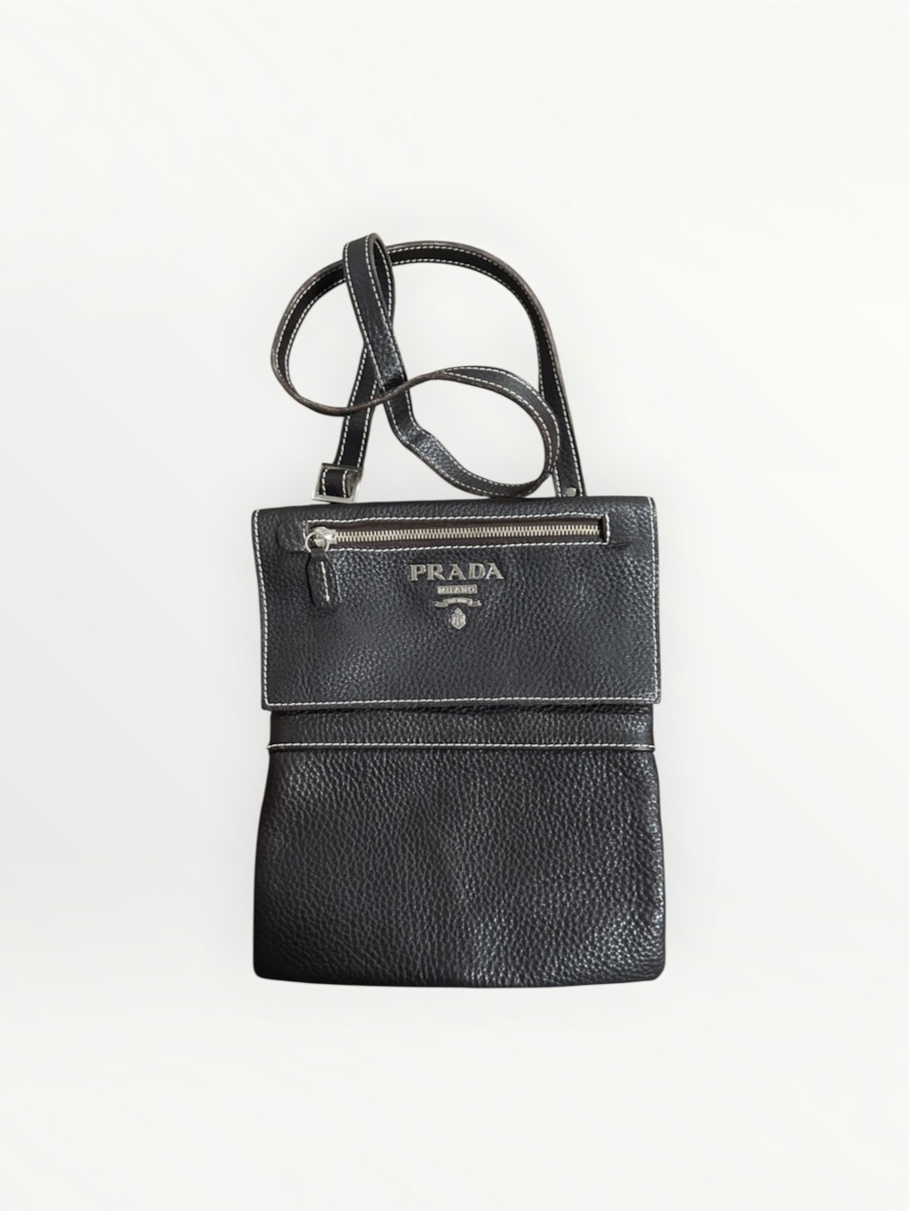 Authentic PRADA Milano Dark Brown Pebbled Leather Medium Crossbody Bag